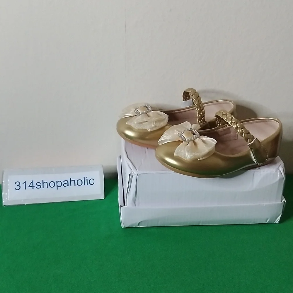 Toddler Girls Gold Patent Leather Shoes With Bow